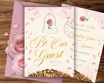 May include: Save the date card with a pink rose and a clock. The text reads "Save the Date for the Wedding of Alexandra Jones and Kurt Spencer 7th January 2024 All, Cheshire to follow".