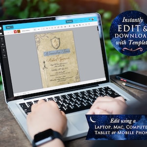 May include: A laptop computer displaying a wedding invitation template with a medieval theme. The invitation features a shield with a crest, a sword, and the names "Alexandra Jones" and "Robert Spencer". The text "Instantly EDIT & DOWNLOAD with Templett" is displayed in a blue circle with stars. The text "Edit using a LAPTOP, MAC, COMPUTER, TABLET or MOBILE PHONE" is displayed in a blue crescent moon shape.