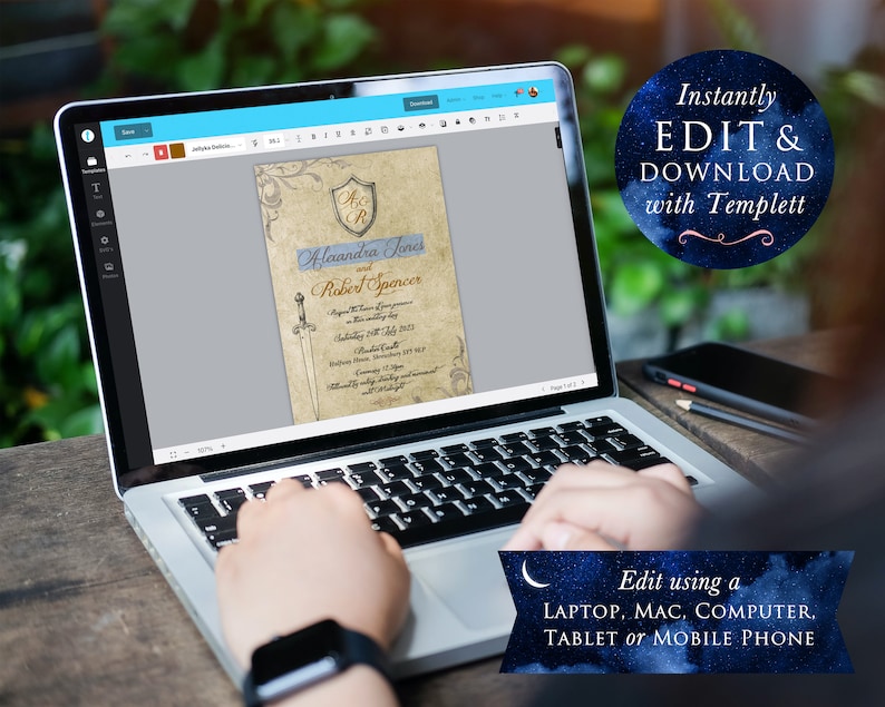 May include: A laptop computer displaying a wedding invitation template with a medieval theme. The invitation features a shield with a crest, a sword, and the names "Alexandra Jones" and "Robert Spencer". The text "Instantly EDIT & DOWNLOAD with Templett" is displayed in a blue circle with stars. The text "Edit using a LAPTOP, MAC, COMPUTER, TABLET or MOBILE PHONE" is displayed in a blue crescent moon shape.