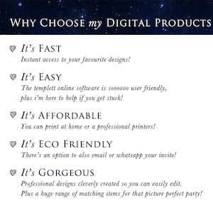 May include: A graphic with a blue starry background and white text that reads "WHY CHOOSE my DIGITAL PRODUCTS". The text is followed by a list of five reasons to choose digital products, each with a heart icon and a short description. The reasons are: It's FAST, It's EASY, It's AFFORDABLE, It's ECO FRIENDLY, and It's GORGEOUS.