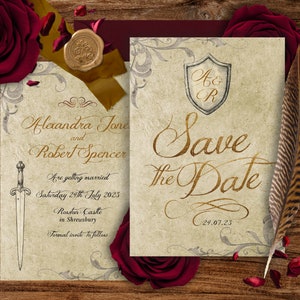 Medieval Save the Date, Convite de casamento estilo antigo, Castelo Save the Date, Convite de espada e escudo, Gótico Save the Date, 004