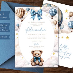 May include: Blue and white hot air balloon baby shower invitation with a teddy bear and the text "little bundle of joy coming soon".