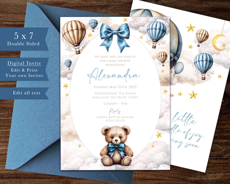 May include: Blue and white hot air balloon baby shower invitation with a teddy bear and the text "little bundle of joy coming soon".