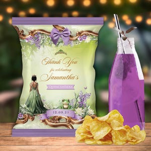 May include: A party scene with a purple drink in a glass bottle with a straw, a bag of chips, and a custom chip bag with the text "Thank You for celebrating Samantha's Quinceañera". The chip bag has a princess illustration.