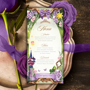 Menu Tangled, Menu Quinceanera Tangled, Menu ślubne Tangled, Menu fioletowe Quinceanera, Materiały do druku Tangled, Menu Roszpunki, Menu stołów, 013