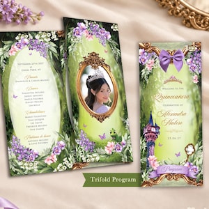Puede incluir: Un programa tríptico para una Quinceañera con fondo verde claro, detalles florales morados y marcos dorados ornamentados. El diseño incluye un retrato de una persona con tiara, una ilustración de una torre y texto con detalles del evento, nombres y la fecha 25.09.27.