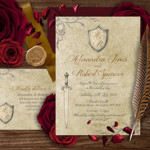 May include: A wedding invitation with a vintage parchment background. The invitation is for Alexandra Jones and Robert Spencer. The wedding will be held on Saturday, July 29th, 2023 at Rouston Castle in Shrewsbury, England. The invitation features a sword and a shield with the initials A&R.
