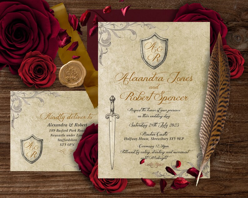 May include: A wedding invitation with a vintage parchment background. The invitation is for Alexandra Jones and Robert Spencer. The wedding will be held on Saturday, July 29th, 2023 at Rouston Castle in Shrewsbury, England. The invitation features a sword and a shield with the initials A&R.