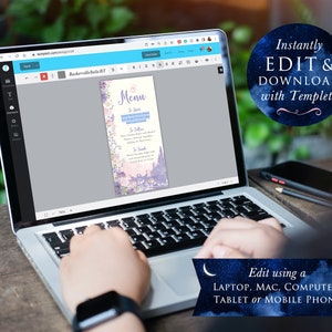 May include: A laptop computer displaying a menu template with a purple and pink castle design. The text "Menu" is at the top of the template. The text "Instantly EDIT & DOWNLOAD with Templett" is in a blue circle with stars. The text "Edit using a LAPTOP, MAC, COMPUTER, TABLET or MOBILE PHONE" is in a blue banner with a crescent moon.