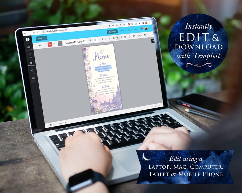 May include: A laptop computer displaying a menu template with a purple and pink castle design. The text "Menu" is at the top of the template. The text "Instantly EDIT & DOWNLOAD with Templett" is in a blue circle with stars. The text "Edit using a LAPTOP, MAC, COMPUTER, TABLET or MOBILE PHONE" is in a blue banner with a crescent moon.