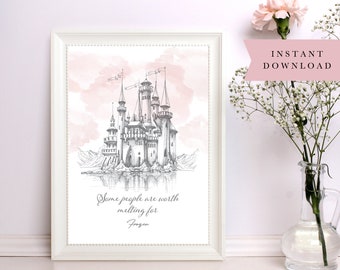 Impresión de pared de Frozen, impresión digital de Frozen, arte de pared con el ceño fruncido, arte de dormitorio rosa para niñas, arte de pared rosa, impresión de castillo rosa, princesa de cuento de hadas