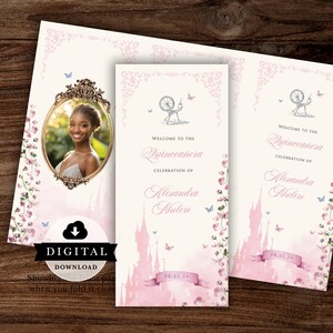 May include: A digital download invitation suite for a Quinceañera celebration. The design features a photo in an ornate gold frame, pink castle illustrations, butterflies, and floral accents. The invitation includes the text "Welcome to the Quinceañera Celebration of Alexandra Mulero" and the date.