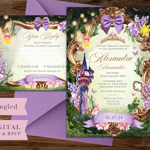 Verwarde uitnodiging, verwarde uitnodiging voor quinceanera, verwarde RSVP-kaart, verwarde uitnodigingssuite, verwarde feestuitnodiging, Rapunzel-prinses uitnodigen, 013