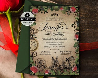 Alice in Wonderland Invitation, Birthday Invite, Sweet 16, Quinceanera, Digital Vintage Template, 002
