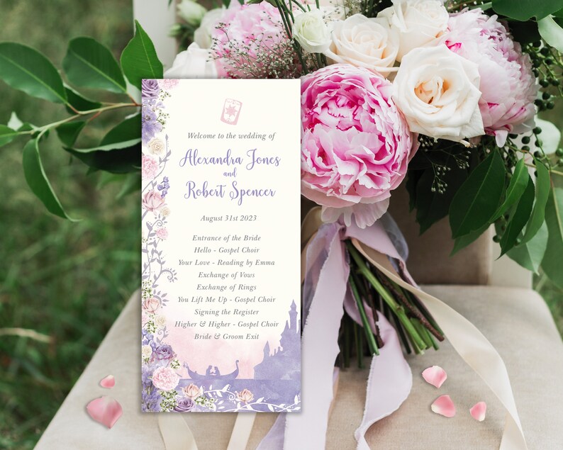 May include: A wedding ceremony order of service with a floral border and a watercolour illustration of a castle. The order of service lists the names of the bride and groom, Alexandra Jones and Robert Spencer, and the date of the wedding, 31st August 2023. The order of service also lists the order of events for the ceremony.