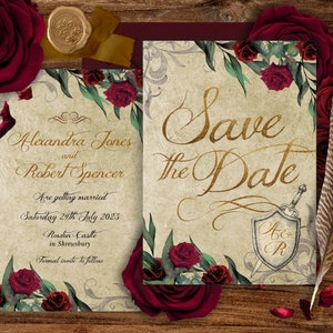 Salve a data medieval, casamento em estilo antigo, casamento GOT, salve a data no castelo, Tolkien, Senhor dos Anéis, rosas vermelhas, convite de papel antigo 004