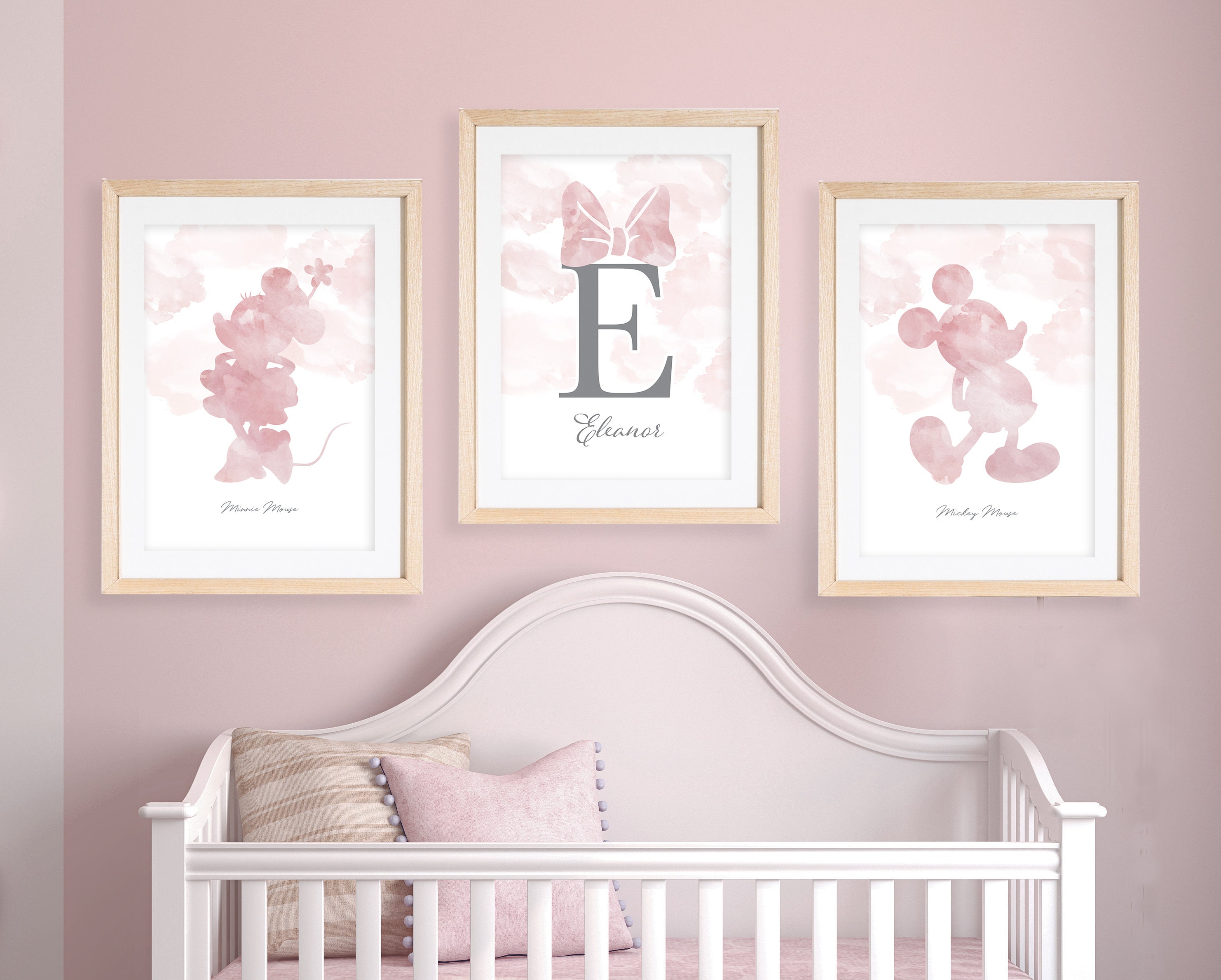 Mickey & Minnie Prints, Set of 3, Minnie and Mickey Mouse, Digital Pink Bedroom Art, Mickey Mouse Art, Minnie Mouse Decor, Pink Nursery