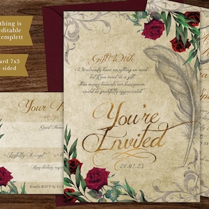 May include: A wedding invitation with a vintage aesthetic. The invitation features a gold script font that says "You're Invited" with a date of 24.07.23. The background is a textured parchment paper with a quill pen and red roses.