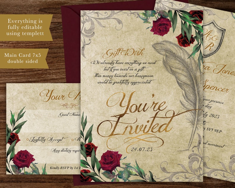 May include: A wedding invitation with a vintage aesthetic. The invitation features a gold script font that says "You're Invited" with a date of 24.07.23. The background is a textured parchment paper with a quill pen and red roses.