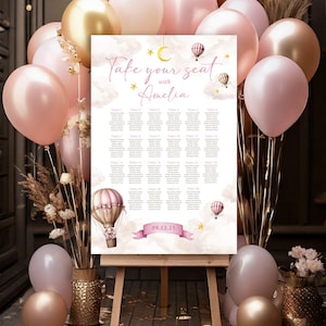 Bunny babyshower zitplaatsen grafiek, bunny plattegrond, sterren en manen, oudroze, it's a girl, wolken, ballonnen, babyshower zitplaatsen, 030