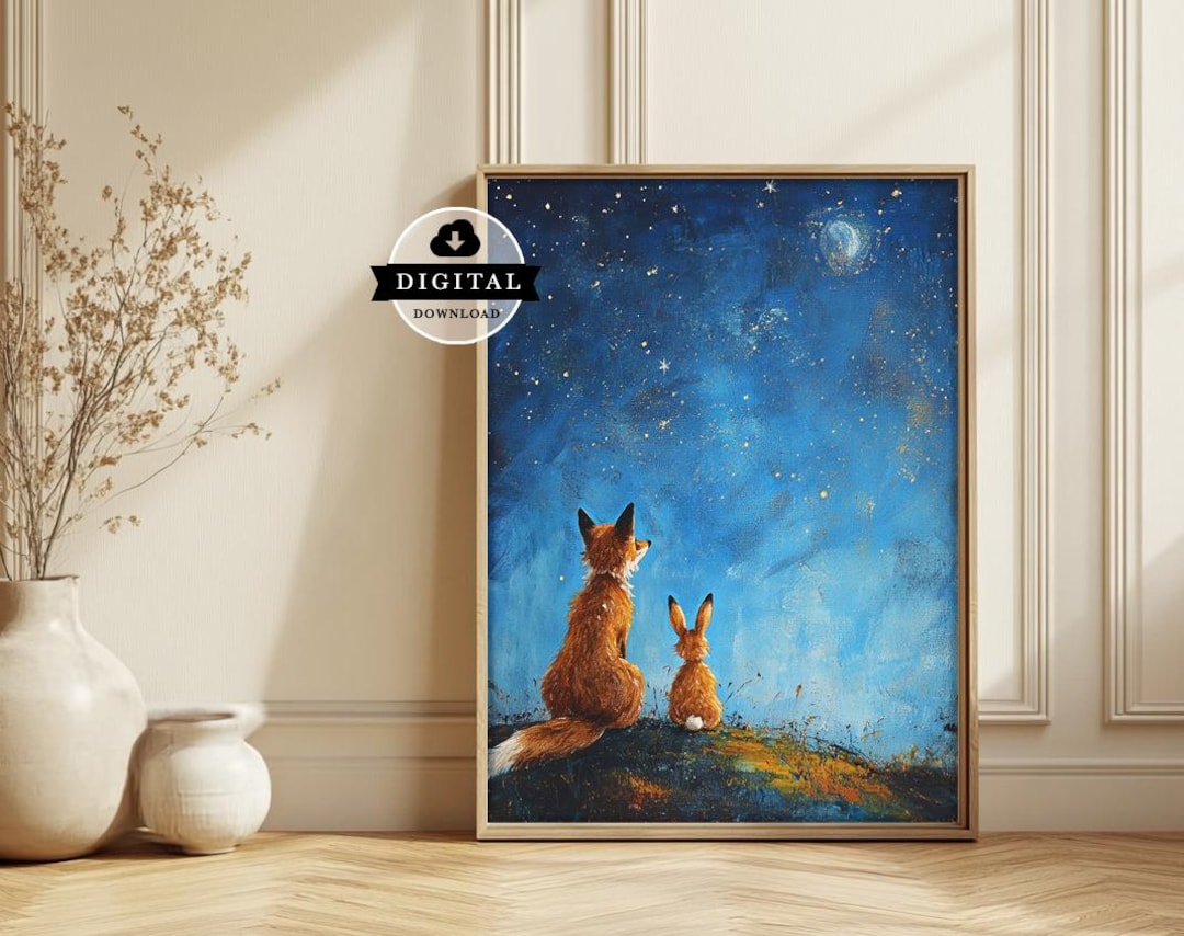 Fox Rabbit Art Fox and Rabbit Oil Painted Art, Living in Harmony, Countryside Starry ...
