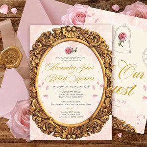 Beauty & the Beast Digital Invitation, Wedding Invitation Download, Quinceanera Invitation, Pink Party Invitation, Print Your Own, Templett