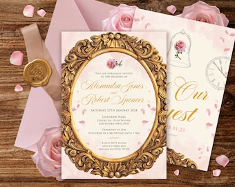 May include: A wedding invitation with a gold ornate frame and a pink background. The invitation features the names Alexandra Jones and Robert Spencer, the date Saturday 27th January 2024, and the location Colshaw Hall. The invitation also includes a rose and a clock.