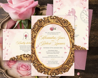 May include: A wedding invitation with a gold ornate frame and a pink background. The invitation features the names "Alexandra Jones" and "Robert Spencer" and the date "Saturday 27th January 2024".