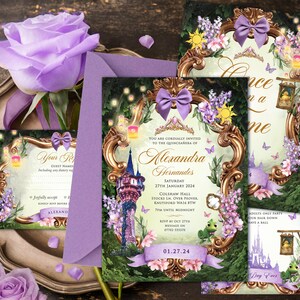 Tangled Invitation, Tangled Quinceanera Invite, Tangled Invite Suite, Tangled Party Invite, Rapunzel Invitation, 3 card digital suite, 013
