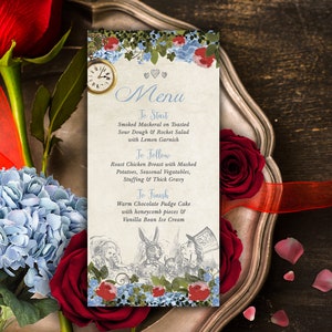 Menu d'Alice au pays des merveilles, menu de mariage numérique d'Alice, menu de fête d'Alice, menu d'Alice de Quinceanera, menus de table d'Alice, 005