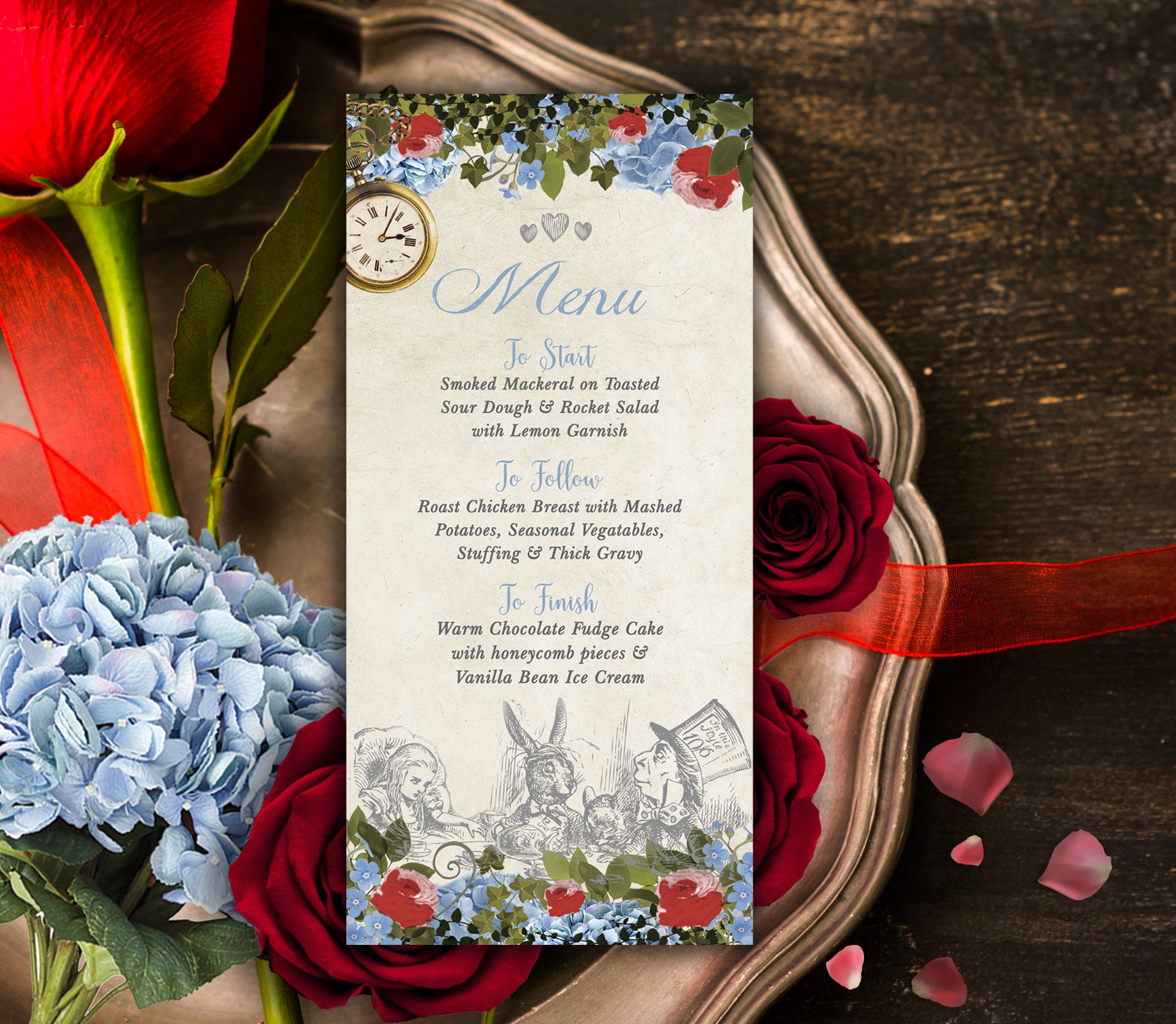 Alice in Wonderland Menu, Alice Digital Wedding Menu, Alice Party Menu, Quinceanera Alice Menu, Alice Table Menus, 005