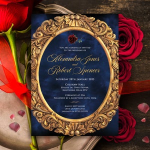 Beauty & the Beast Digital Invitation, Navy Wedding Invitation, Fairytale Invite Template, Beauty and Beast Wedding Invite, Mirror, 001