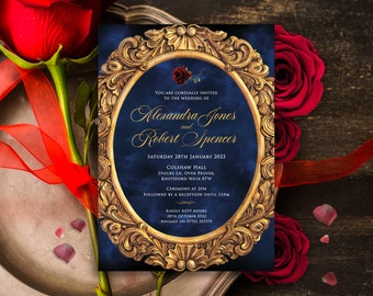 May include: A blue and gold wedding invitation with a gold ornate frame and a red rose. The invitation reads "You are cordially invited to the wedding of Alexandra Jones and Robert Spencer. Saturday 28th January 2023. Colshaw Hall, Stocks Ln. Over Peover, Knutsford WA16 8TW. Ceremony at 2pm. Followed by a reception until 11pm. Kindly RSVP before 28th October 2022. Message on 07702 555370."