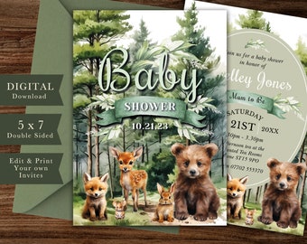 Könnte beinhalten: Eine Babyparty-Einladung mit Waldmotiv. Die Einladung zeigt eine Aquarell-Illustration eines Waldes mit einem Reh, einem Fuchs, einem Bären und einem Kaninchen. Der Text auf der Einladung lautet "Baby Shower" und "10.21.23".