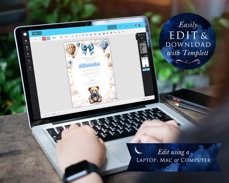 May include: A laptop computer displaying a blue and white baby shower invitation with hot air balloons and a teddy bear. The text on the invitation reads "Welcome Baby". The invitation is being edited using the Templett website.