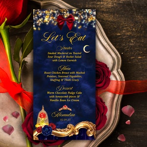 Menu La Belle et la Bête, menu de table de Quinceanera, Quinceanera de belle bête, menu bleu marine, produits à imprimer La Belle et la Bête, menu La Belle et la Bête, 016