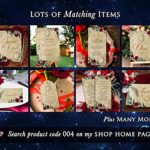 May include: A set of wedding stationery featuring a romantic design with a gold shield, red roses, and green leaves. The stationery includes a save the date card, welcome sign, table number card, thank you card, and a menu card. The text on the cards includes "Save the Date", "Welcome", "One", "Thank you", and "The Toast".