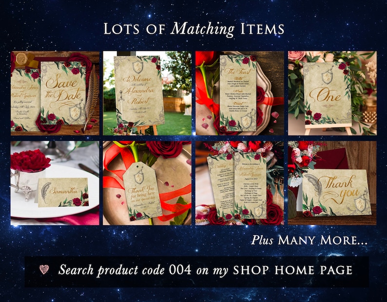 May include: A set of wedding stationery featuring a romantic design with a gold shield, red roses, and green leaves. The stationery includes a save the date card, welcome sign, table number card, thank you card, and a menu card. The text on the cards includes "Save the Date", "Welcome", "One", "Thank you", and "The Toast".