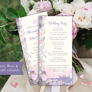 May include: A purple and pink floral wedding order of service with a watercolour design. The order of service includes the names of the bride and groom, the wedding party, and a thank you message to guests. The order of service also features a small illustration of a boat with a castle in the background.