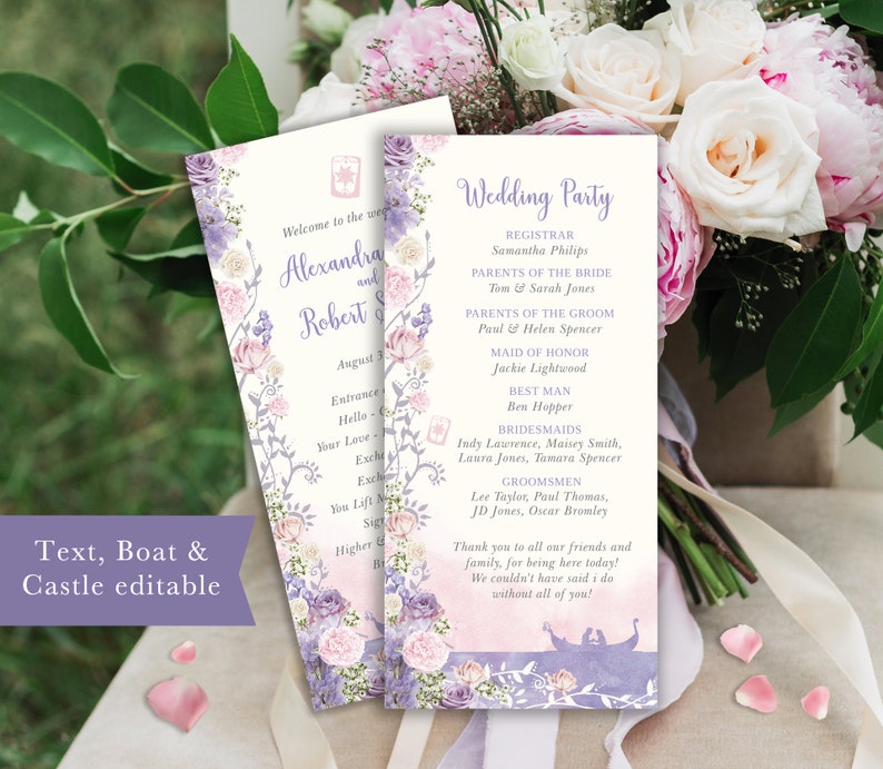 May include: A purple and pink floral wedding order of service with a watercolour design. The order of service includes the names of the bride and groom, the wedding party, and a thank you message to guests. The order of service also features a small illustration of a boat with a castle in the background.