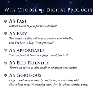 May include: A graphic with a blue starry background and white text that reads "WHY CHOOSE my DIGITAL PRODUCTS". The text is divided into five sections, each with a heart icon and a heading: "It's FAST", "It's EASY", "It's AFFORDABLE", "It's ECO FRIENDLY", and "It's GORGEOUS". Each heading is followed by a brief description of the benefits of digital products.