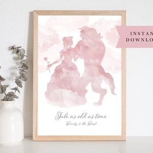 Impresión de pared de La Bella y la Bestia, Descarga instantánea, Bella y Bestia, Impresión de boda imprimible, Arte de la pared del hogar rosa, Cartel de cuento de hadas, Digital