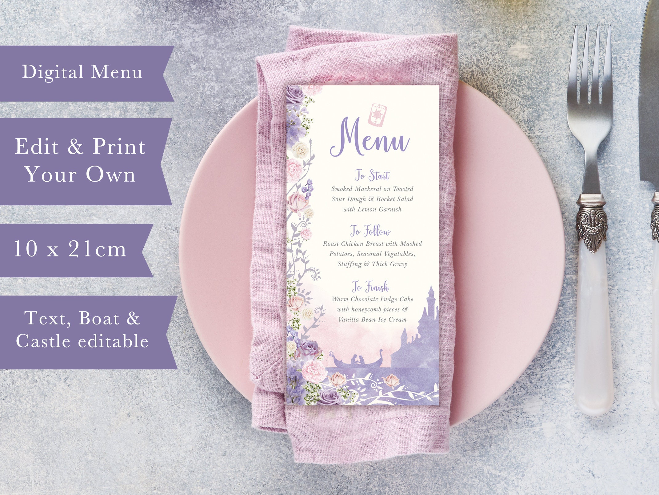Tangled Menu, Digital Wedding Menu, Lavender Editable Menu, Purple Menu ...