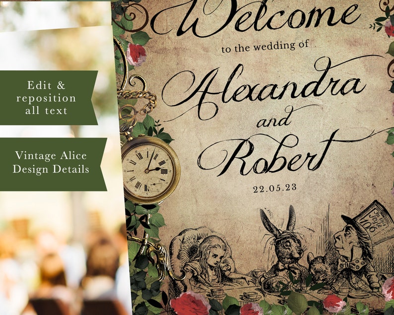 Alice in Wonderland Large Welcome Sign, Alice Quinceanera Welcome Sign Editable Wedding Welcome Sign, Alice Printables, Vintage Alice, 002 image 3