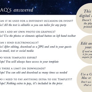 May include: A white background with black text outlining frequently asked questions about digital design templates. The text includes questions like "Can it be used for a different occasion or event?" and "Do your templates expire?" The answers are "Yes!" and "Nope!" respectively. The text also includes information about editing and printing the design.