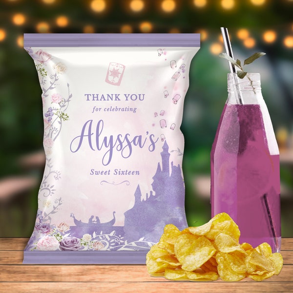 Tangled Chip Bag, Rapunzel Party Decor, Quinceanera Chip Bag. Digital Chip Bag,  Printable Chip Bag, Editable Chip Bag, Tangled Party, 003