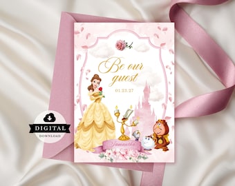 May include: A digital download invitation featuring Belle from Beauty and the Beast. The invitation has a pink floral design with the text "Be our guest" and the date 01.23.27. The invitation also includes illustrations of Lumiere, Cogsworth, and Mrs. Potts.