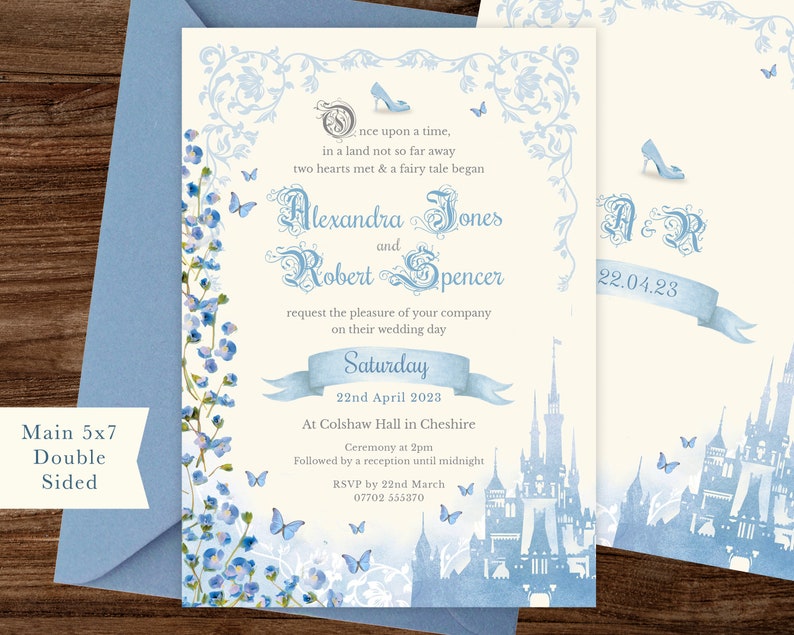 Cinderella Wedding Invitation, Blue Fairytale Castle Invite (Digital) 006 image 2