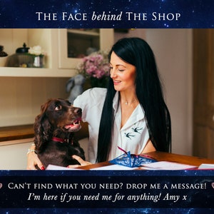 May include: A woman with long dark hair smiles at the camera while holding a brown and white dog. The text "CAN'T FIND WHAT YOU NEED? DROP ME A MESSAGE! I'm here if you need me for anything! Amy x" is displayed at the bottom of the image.