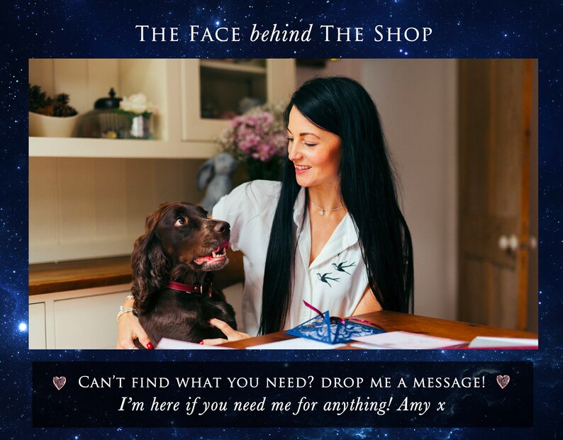 May include: A woman with long dark hair smiles at the camera while holding a brown and white dog. The text "CAN'T FIND WHAT YOU NEED? DROP ME A MESSAGE! I'm here if you need me for anything! Amy x" is displayed at the bottom of the image.